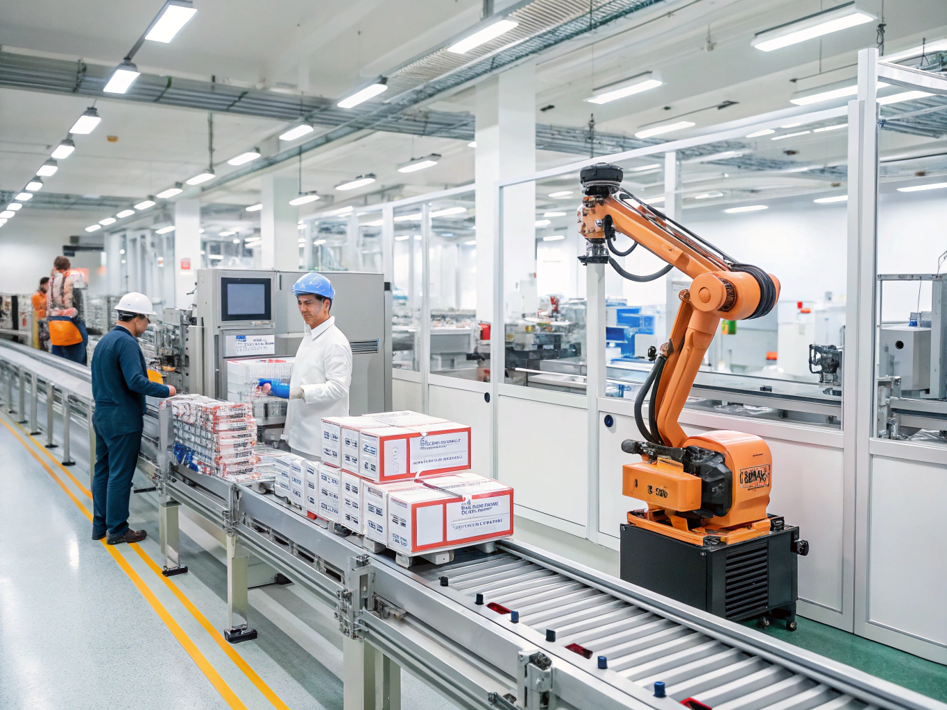 Linha de produção automatizada com sistemas de pulverização integrados