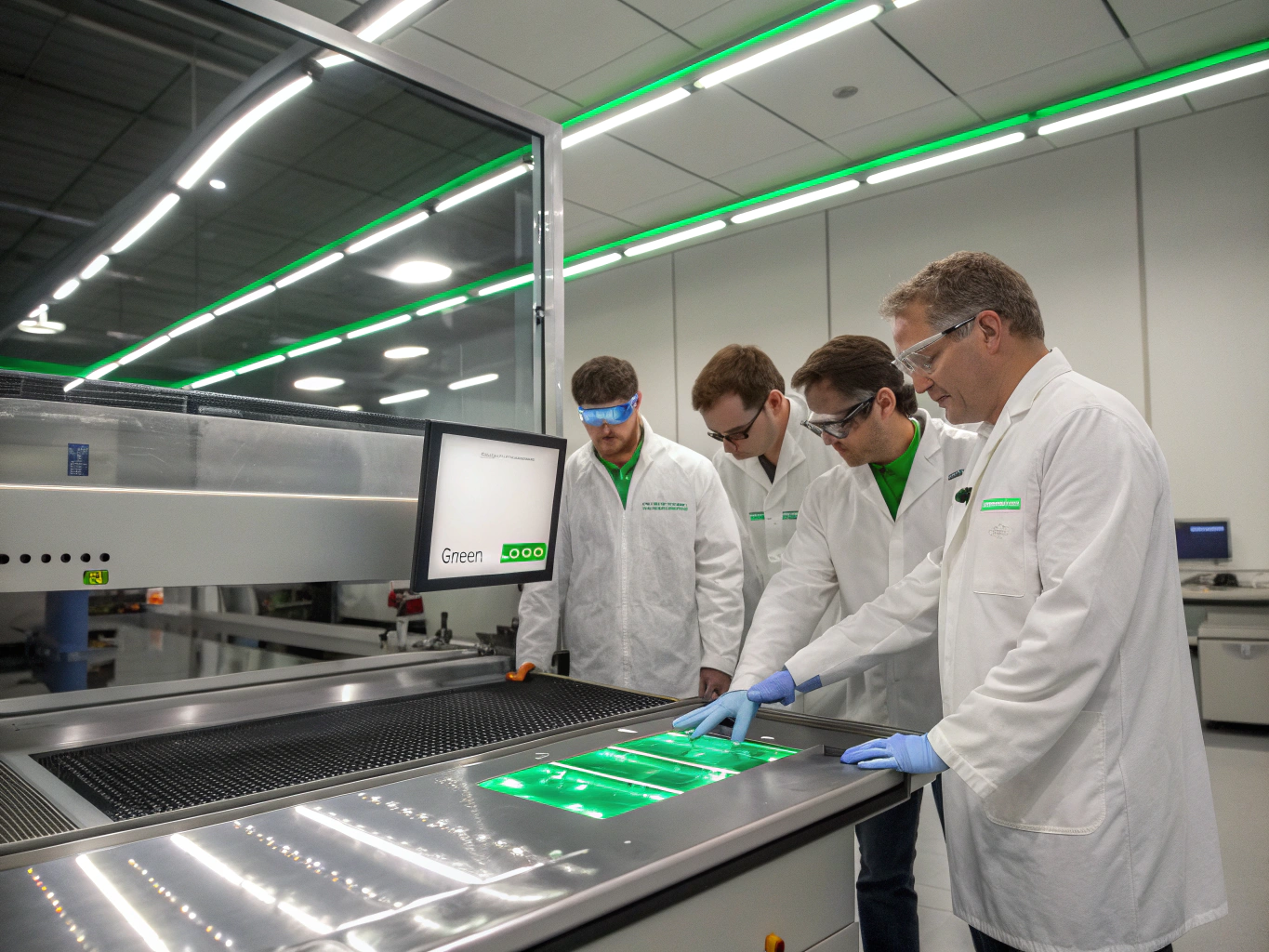 Engenheiros industriais a analisar testes de desempenho de pulverização em laboratório técnico