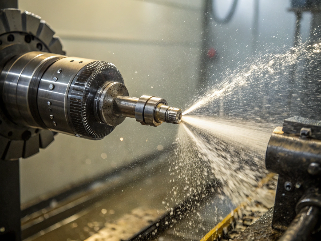 Detalhe técnico de bico industrial de alta precisão fabricado pela Spraying Systems Co. com iluminação azul